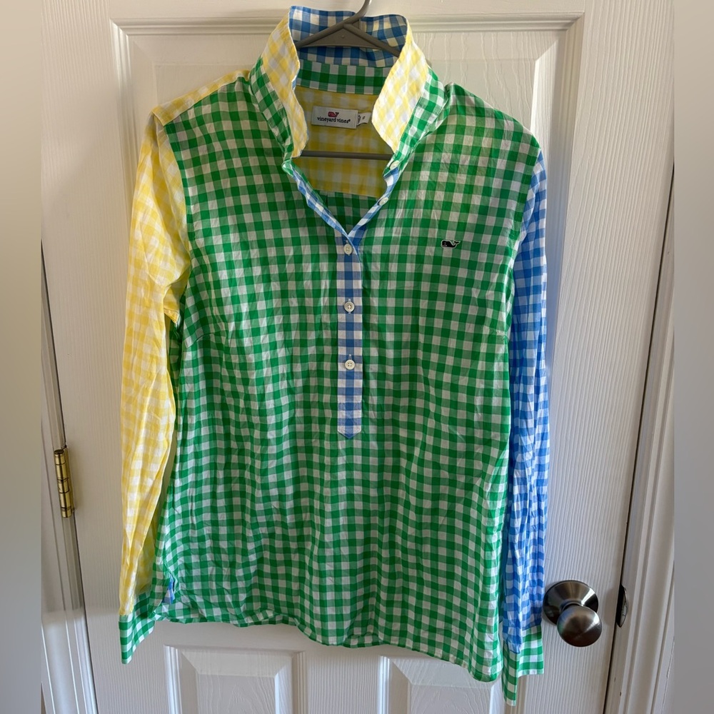 Green, yellow, blue gingham 1/4 button down vineyard vines shirt